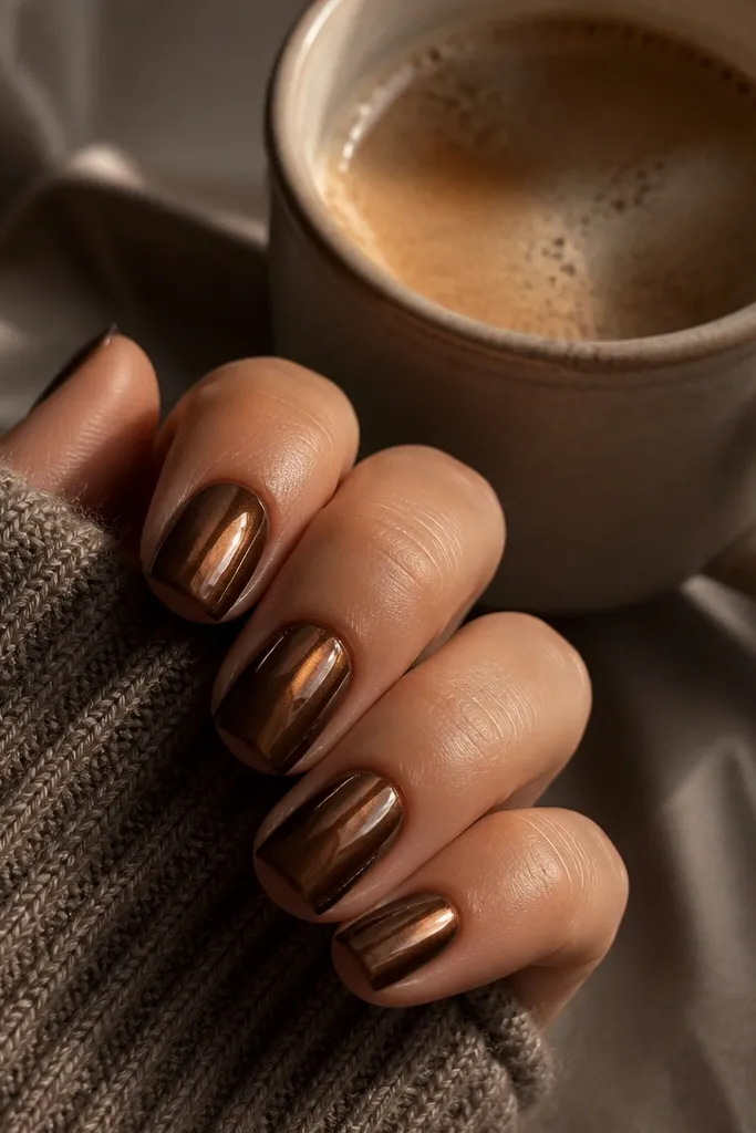 Almond nails coated in a deep chocolate brown base with a soft, reflective chrome overlay. The shine looks like a coffee sheen, not mirror-plated.
