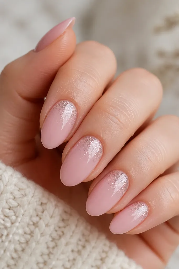 Medium almond nails in a soft blush pink. A subtle sparkle fade starts at the cuticle and fades out toward the center, with a glossy top coat.
