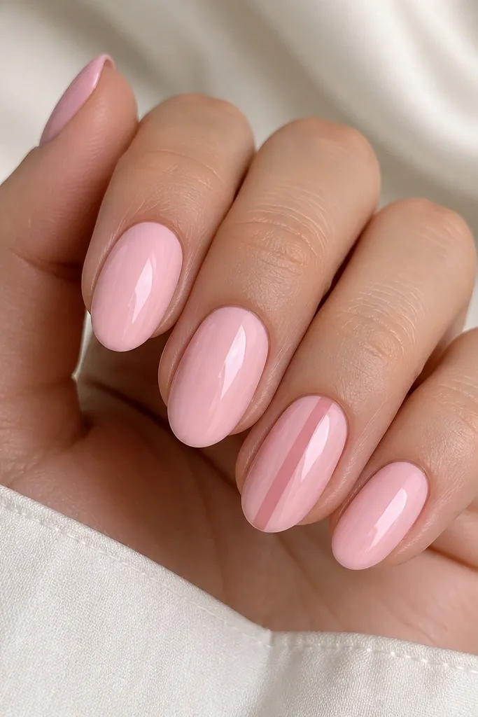 Short almond nails painted solid baby pink with a glossy finish. One accent nail has a single thin vertical glossy stripe that looks like lacquer, centered.