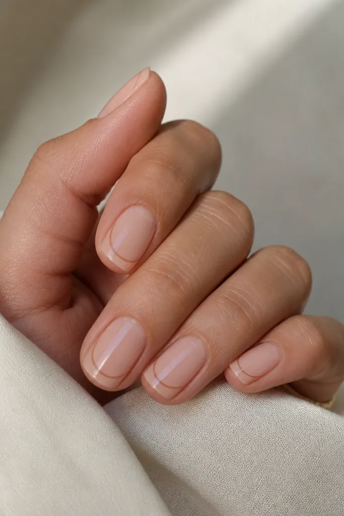 Nails in a clear nude base with a glossy, thin curved line near the tip that looks like a waterline. The rest of the nail is plain and high-shine.