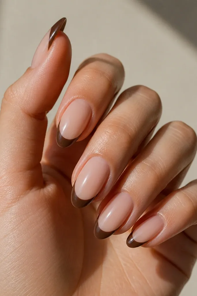 A nude base manicure with a chocolate brown French tip in a curved almond shape. The tips are glossy and neat, with no extra art.