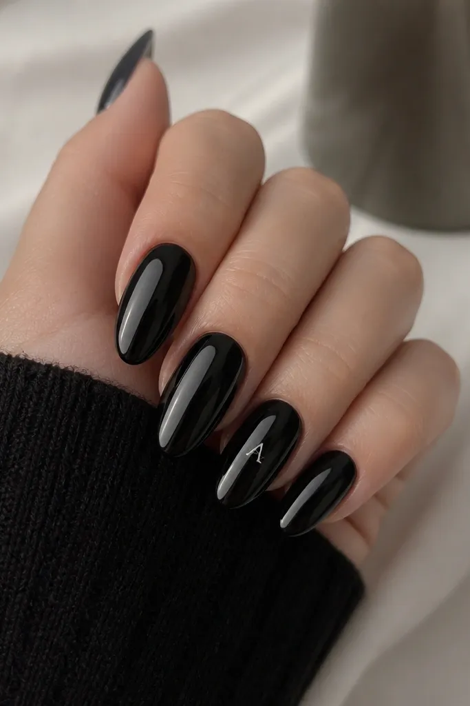 Glossy black almond nails with a single accent nail that has a tiny white letter-like mark near the center. The rest of the nails are plain and mirror-shiny.