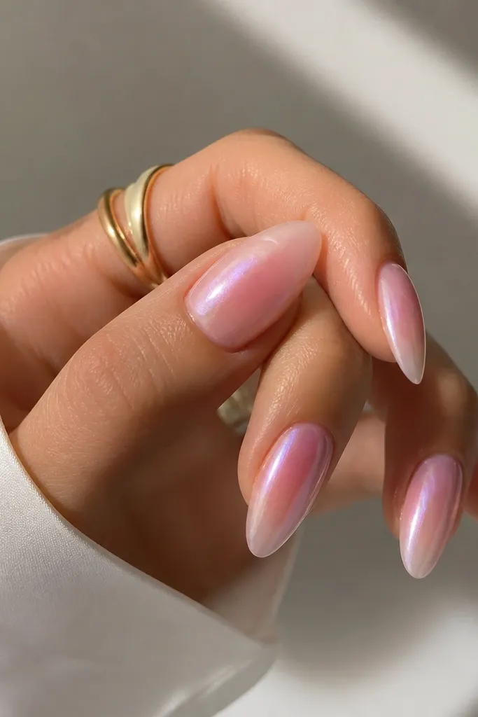 Almond nails with a soft pink base. In the center of each nail, there is a pink chrome aura that fades outward like a glowing cloud, all under a glossy top coat.
