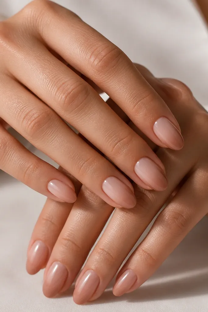 Short almond nails with a nude ombré that is darker at the tips and fades to a lighter nude at the base. The finish is extra glossy, with a smooth gradient.