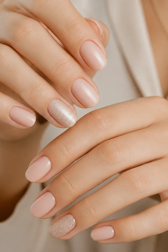 Mostly plain glossy nude nails, with one accent nail per hand coated in fine champagne glitter. The glitter looks smooth and evenly distributed, not chunky.