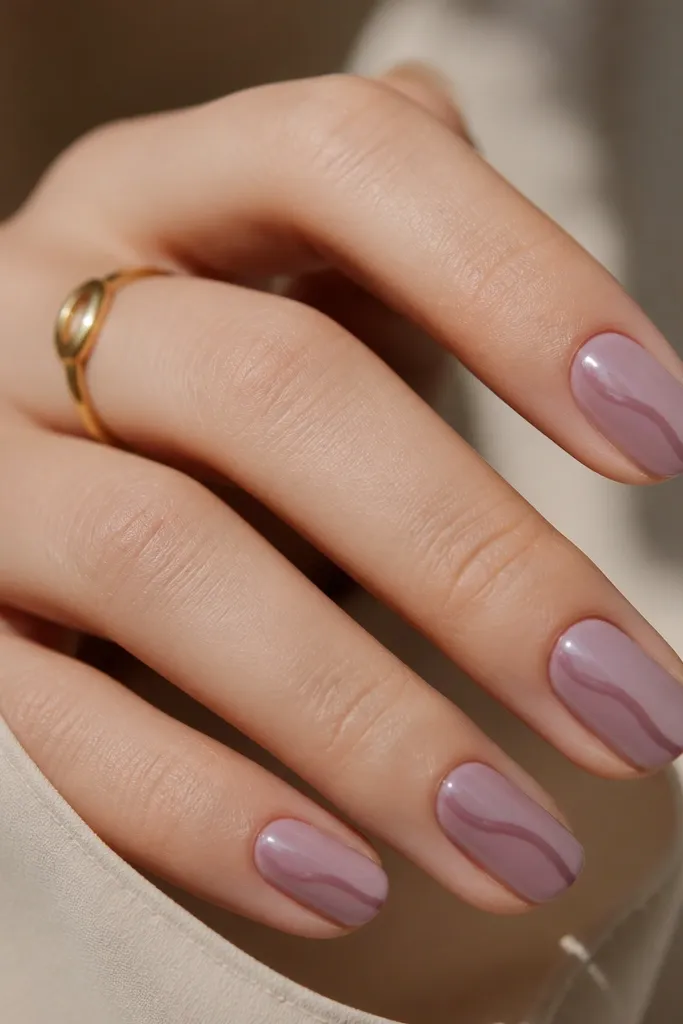 Mauve nails in a glossy finish. On each nail, there is a thin swooping line of a slightly darker mauve that starts near the side and curves toward the center, like a flowing ribbon.