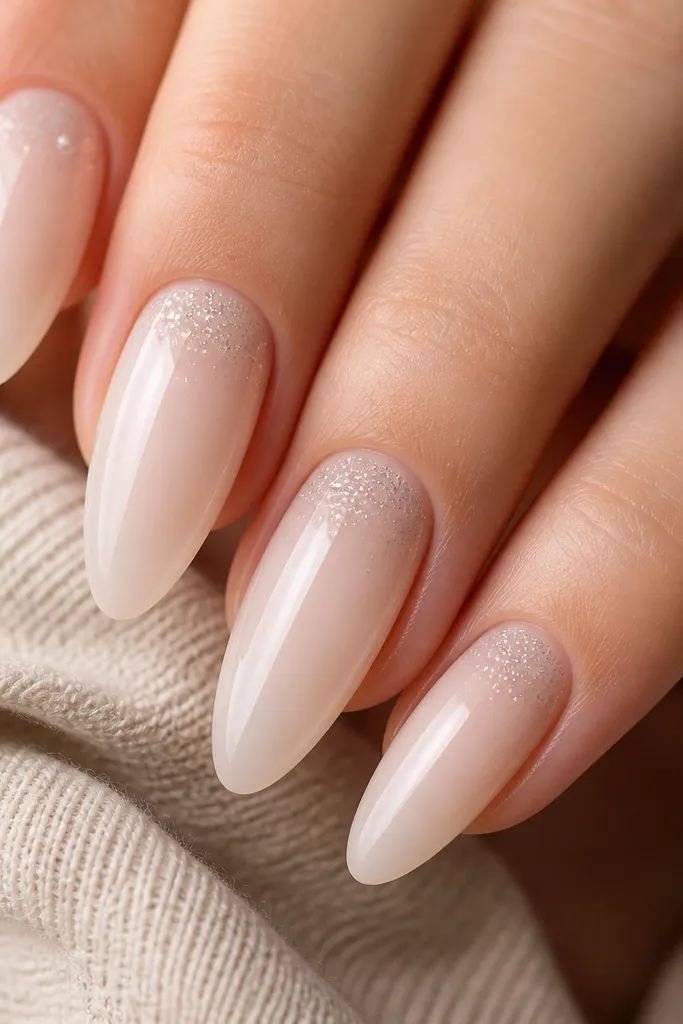Close-up of long almond nails in milky nude. A faint veil of ultra-fine silver micro-glitter sits right at the cuticle line and fades out before reaching mid-nail. The rest is smooth, glossy, and sheer, with no big gems.