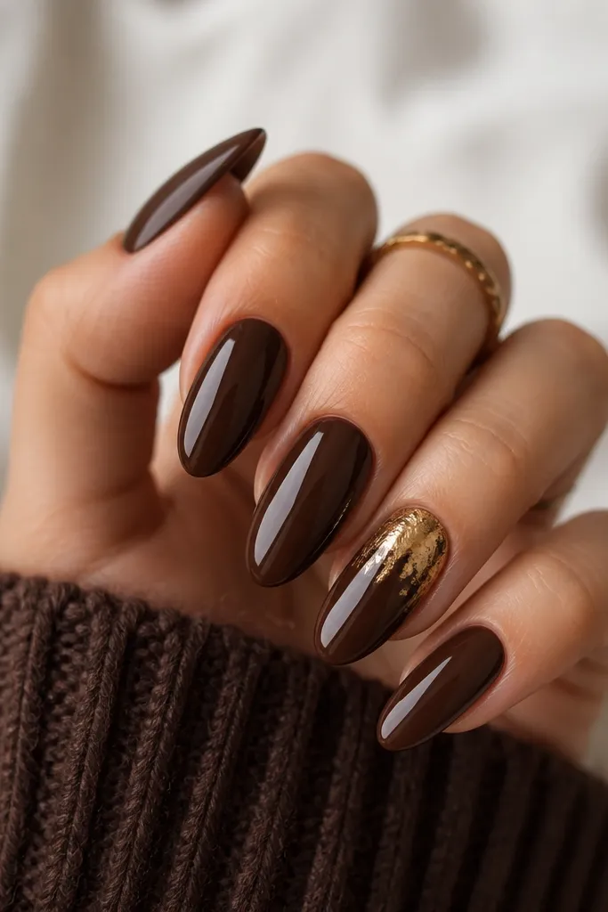 Medium-long almond nails in deep chocolate brown with a mirror-like glossy finish. One accent nail has a foil chrome patch near the cuticle, transitioning from warm gold to soft bronze. The rest of the nails stay solid and glossy.