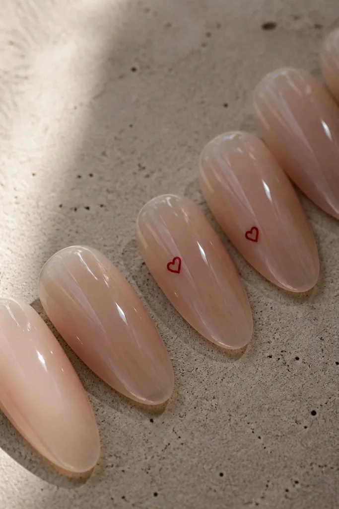 Long almond nails in a clear jelly nude base. Small red hearts sit in a vertical line on two nails and scattered on one nail, each heart tiny and crisp. Everything is ultra shiny, with the jelly look showing a subtle depth.