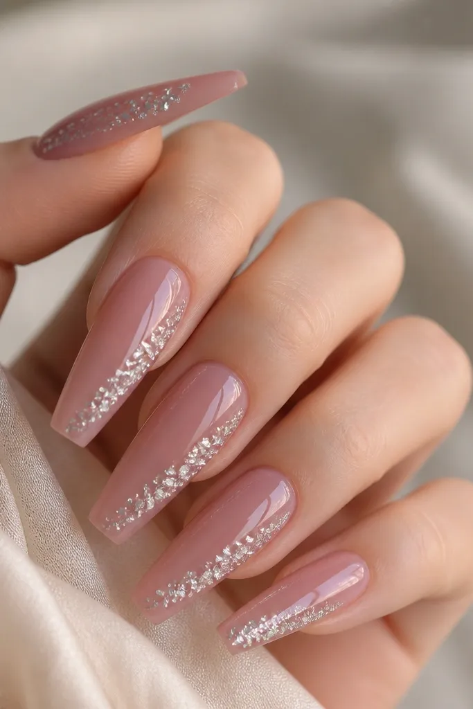 Long coffin nails in a rosy pink translucent base. Along one side of each nail there's a diagonal line of silver crushed stone pieces, like tiny shards embedded under the surface. The nails look smooth and glassy with no rough edges.