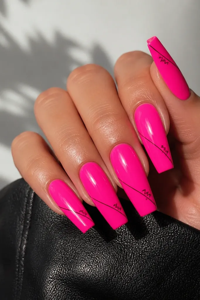 Long coffin nails painted a bright hot pink glossy finish. On each nail, a thin black micro-line runs diagonally near the tip, with a second tiny line that looks like a scribble. The overall look is shiny and bold.