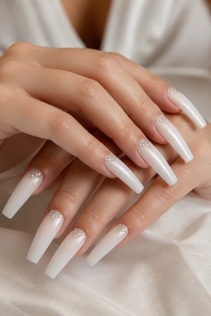 Long coffin nails in milky pearl white. On one corner of each nail near the cuticle, there's a small cluster of clear rhinestones arranged like a tiny burst. Everything is glossy and smooth with no uneven bumps.
