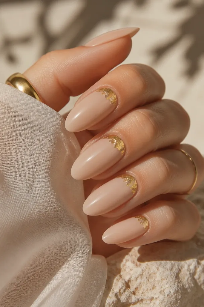 Almond nails in a champagne nude base with a soft, warm glow. On each nail, a gold leaf half-moon sits near the cuticle, like a crescent. The gold leaf has irregular edges and a glossy finish.