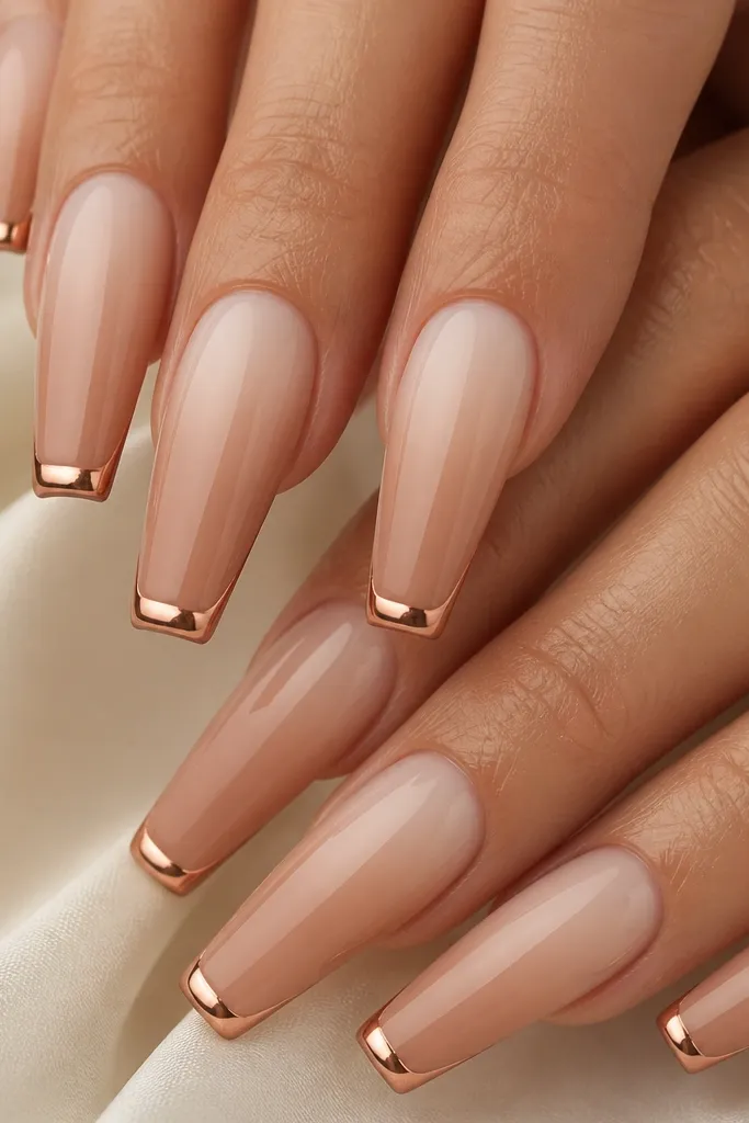 Long coffin nails with a soft nude ombré that goes from sheer near the cuticle to slightly deeper nude at the tip. The extreme tip has a rose gold chrome edge, like a thin metallic border. The ombré is smooth and the top coat is super glossy.