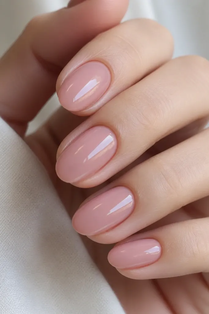 Close-up of short almond nails painted a milky rose pink. The center of each nail looks slightly more glossy and brighter, while the edges blend softly. No gems, just a smooth, reflective top coat.