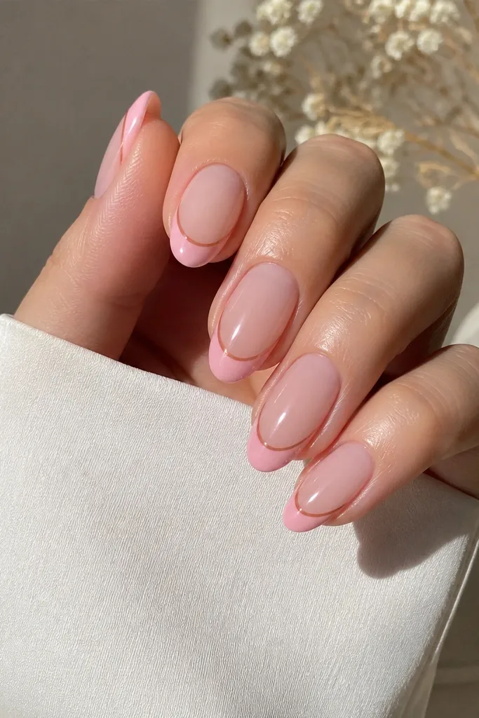 Medium-length almond nails with a classic French tip, but the tip is soft pink instead of white. A very thin darker rose outline traces the inner edge of the tip, like a hairline border. Everything is glossy and clean.