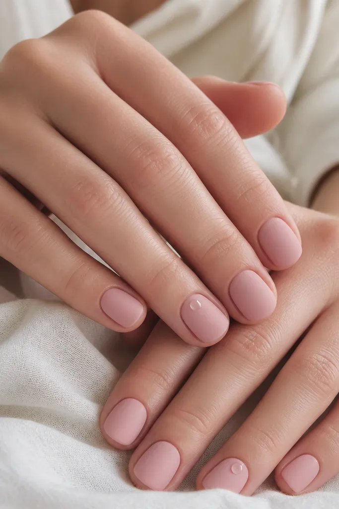 Short rounded nails in a powdery blush-pink. The finish is matte and soft, like velvety suede. One nail on each hand has a single small glossy clear-pink dot near the cuticle.