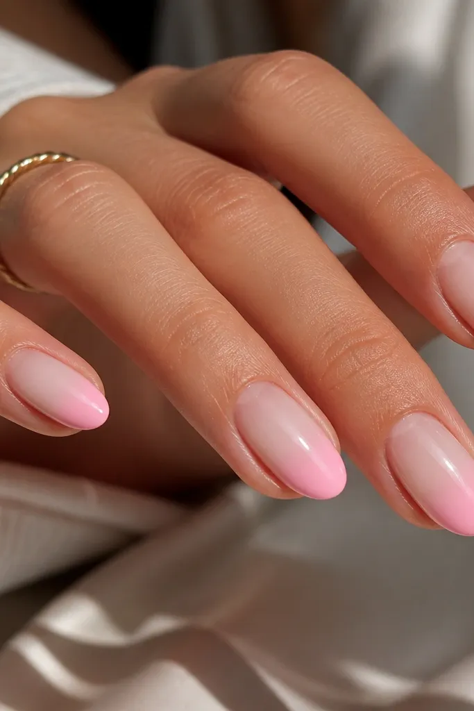 Short almond nails with a smooth ombré gradient. The cuticle area is nude-beige, and the free edge fades into a baby pink. The gradient is soft and blended, glossy finish.