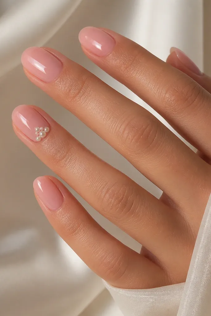 Glossy blush pink nails, short almond. The ring finger has a small cluster of 3-4 tiny pearl dots arranged like a mini crown near the cuticle. Other nails are plain, clean, and shiny.