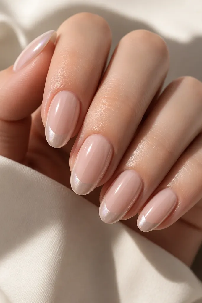Medium almond nails in creamy nude pink. At the tip, there's a soft chrome halo effect - a thin crescent of pale silver-pink that fades into the nail. High gloss top coat over everything.