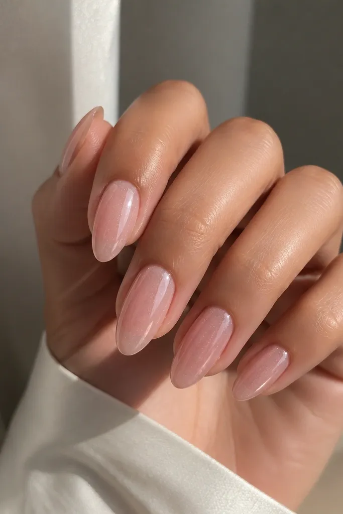 Almond nails in a jelly-like soft pink. The nails look slightly translucent, and you can see a faint sparkle thread running through each nail like tiny scattered shimmer. Glossy finish.