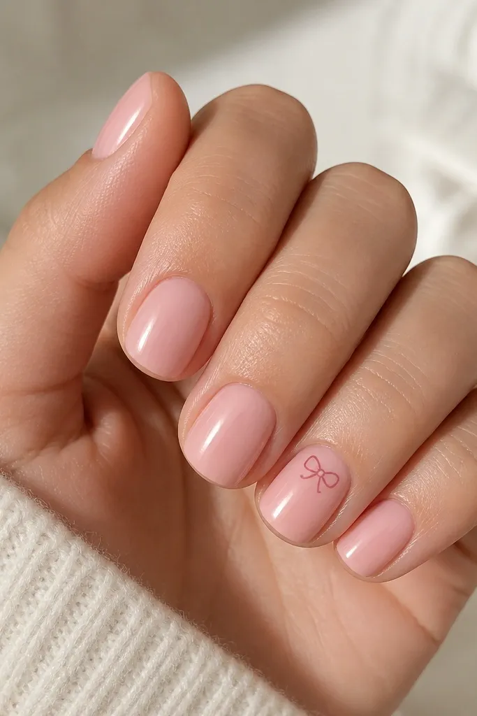 Short square nails in glossy blush pink. On the ring finger, there's a tiny bow outline drawn in a deeper rose line near the cuticle, with two small loops and a small center knot. Clean, minimal design.