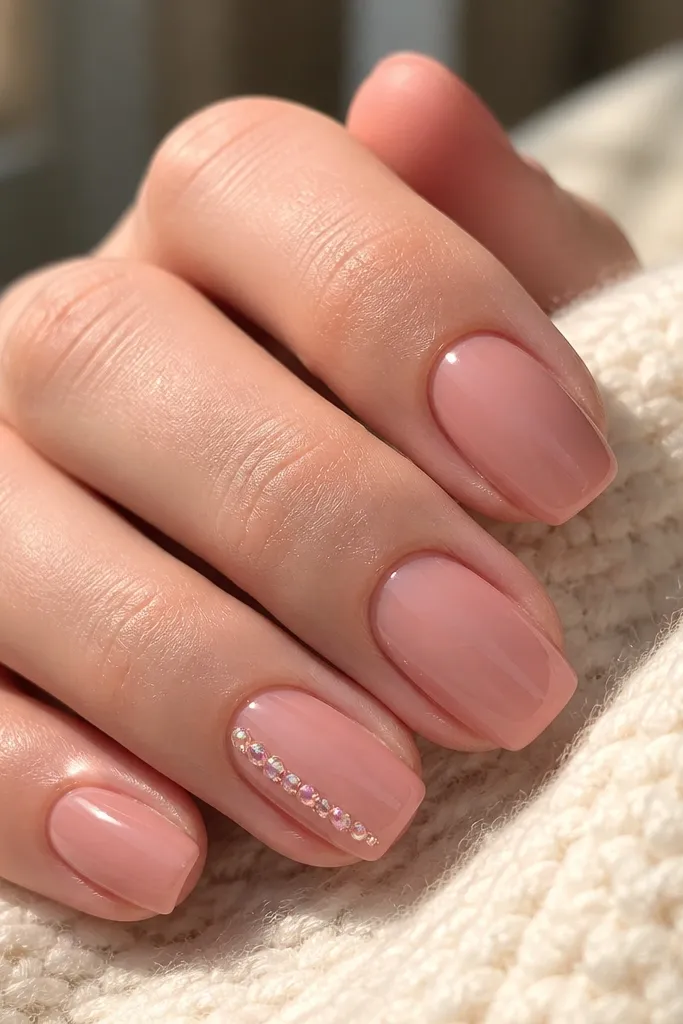 Nude rose nails, glossy and smooth. One nail on each hand has a single side-swept crystal at the lower sidewall, angled slightly upward toward the tip. The crystal looks like a small faceted gem.