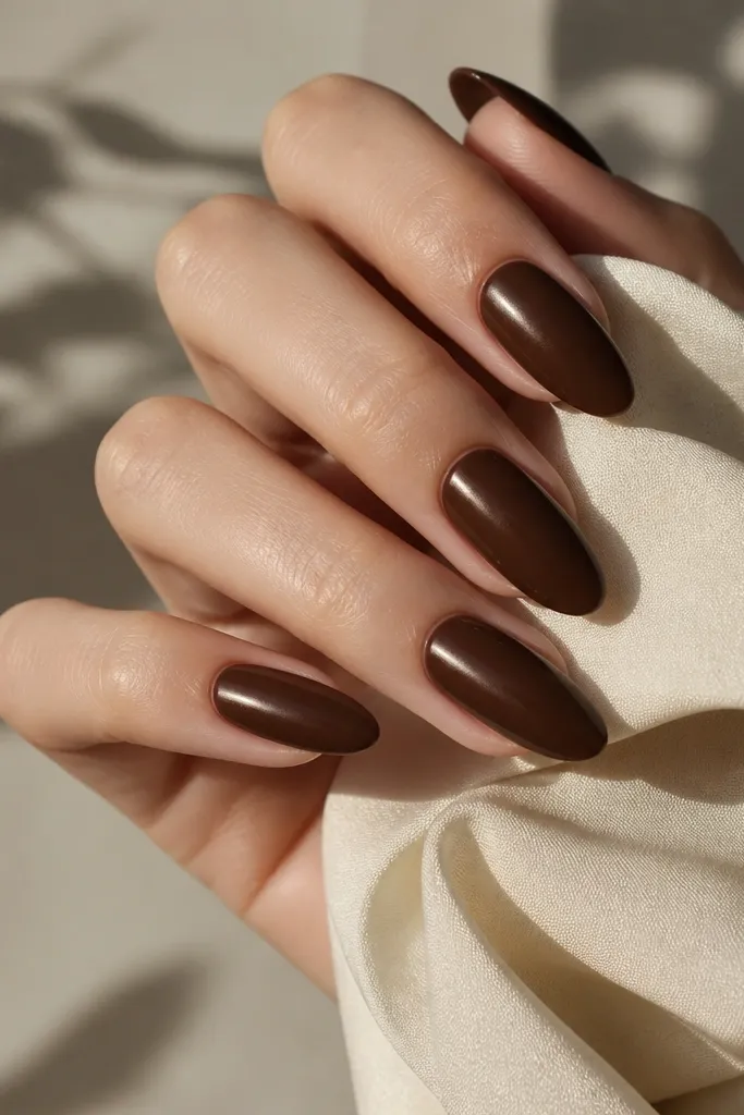 Long almond nails painted deep chocolate brown with a smooth glossy top coat and a subtle light sheen that looks like satin under shine.