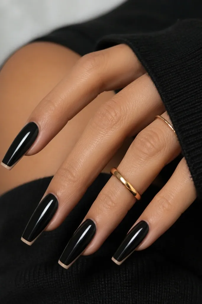 Coffin nails in glossy black with a very thin nude strip at the free edge like a micro French tip, crisp and straight.