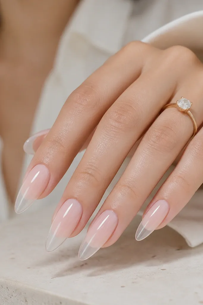 Long almond nails with a milky pink base and transparent clear jelly tips, showing a soft gradient toward the end.