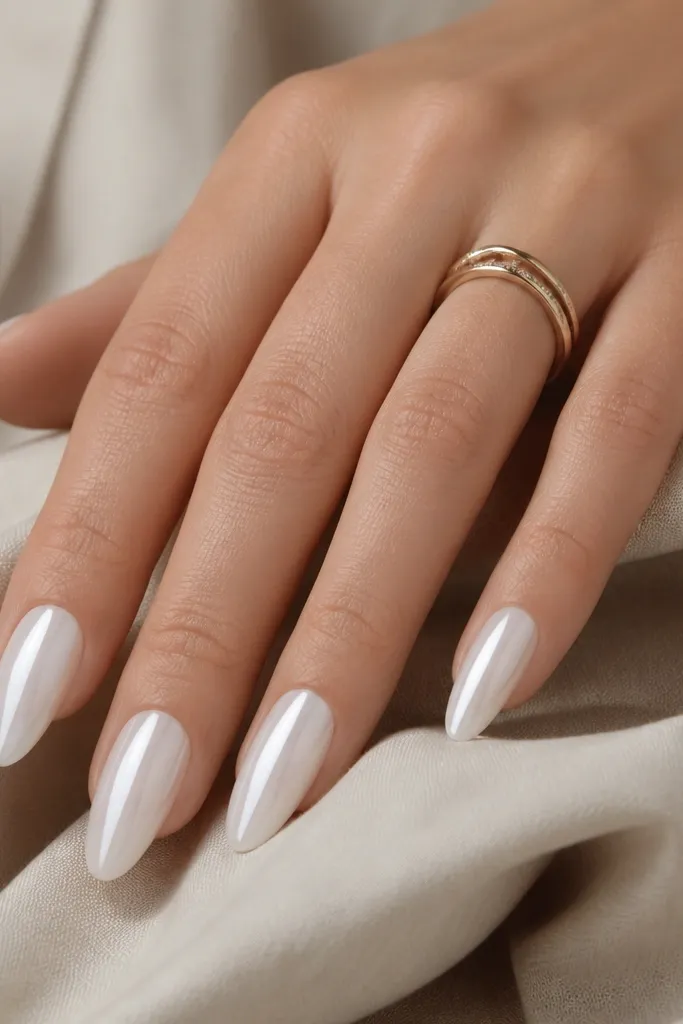 Long almond nails painted pearl white, with a single glossy clear-to-white stripe down the center that looks like a highlight.