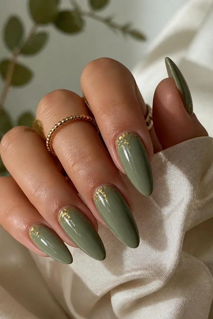 Long almond nails in olive sage green with glossy finish and tiny gold foil specks scattered mostly near the cuticle.