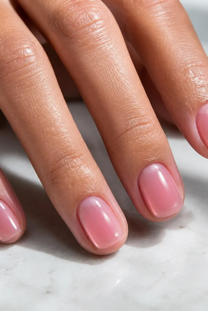 Close-up of medium almond nails painted jelly ice pink over a clear base, with a thick transparent top coat that creates a rounded, glassy dome. The nails look glossy and slightly see-through under bright light.