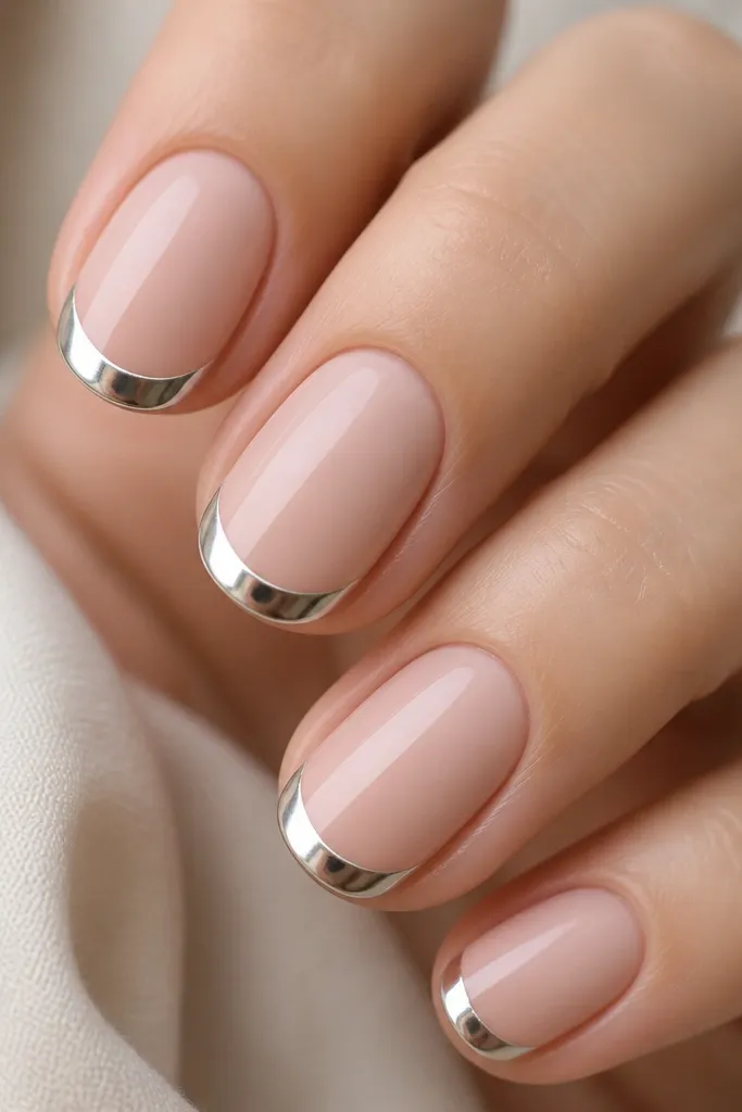 Milky nude nails with a clean curved half-moon of silver chrome at the free edge, leaving the rest of the nail matte-gloss nude. The chrome catches light like a smooth arc, with sharp edges and a glossy overall finish.