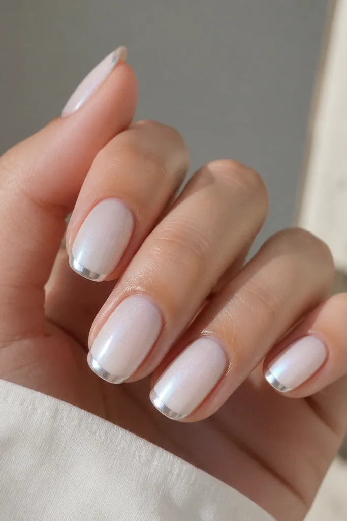 Nails painted in an opal white gradient that is lighter at the cuticle and slightly denser toward the tip, with a thin band of silver chrome right at the very edge. The overall finish looks pearly and glass-smooth.