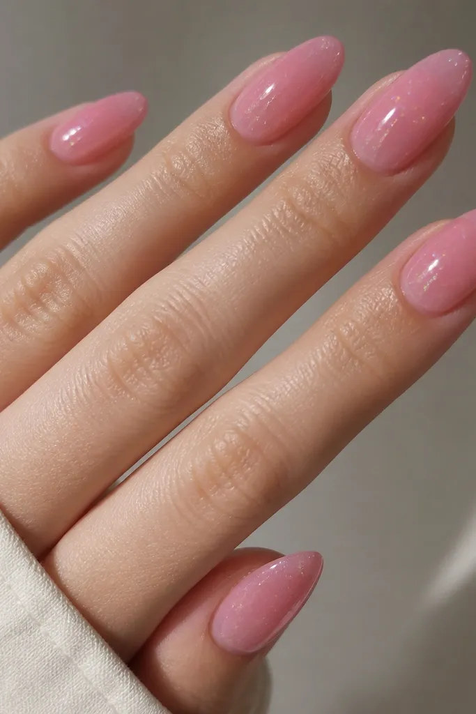 Taffy pink jelly nails with tiny scattered micro-chrome specks across the surface, and a smooth high-gloss top coat. The specks look like glittery dust under the glass.