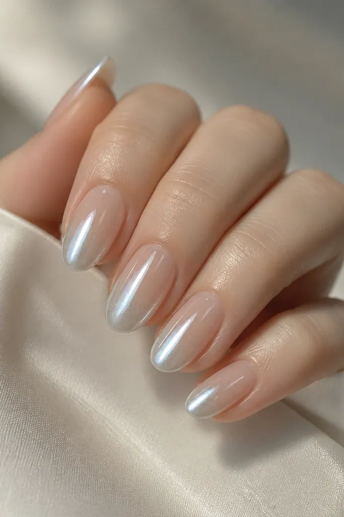 Pearl jelly nude nails with a soft silver aura glow concentrated at the tip, fading upward. The nails look translucent with a pearly shift, and they end in a glassy shine.