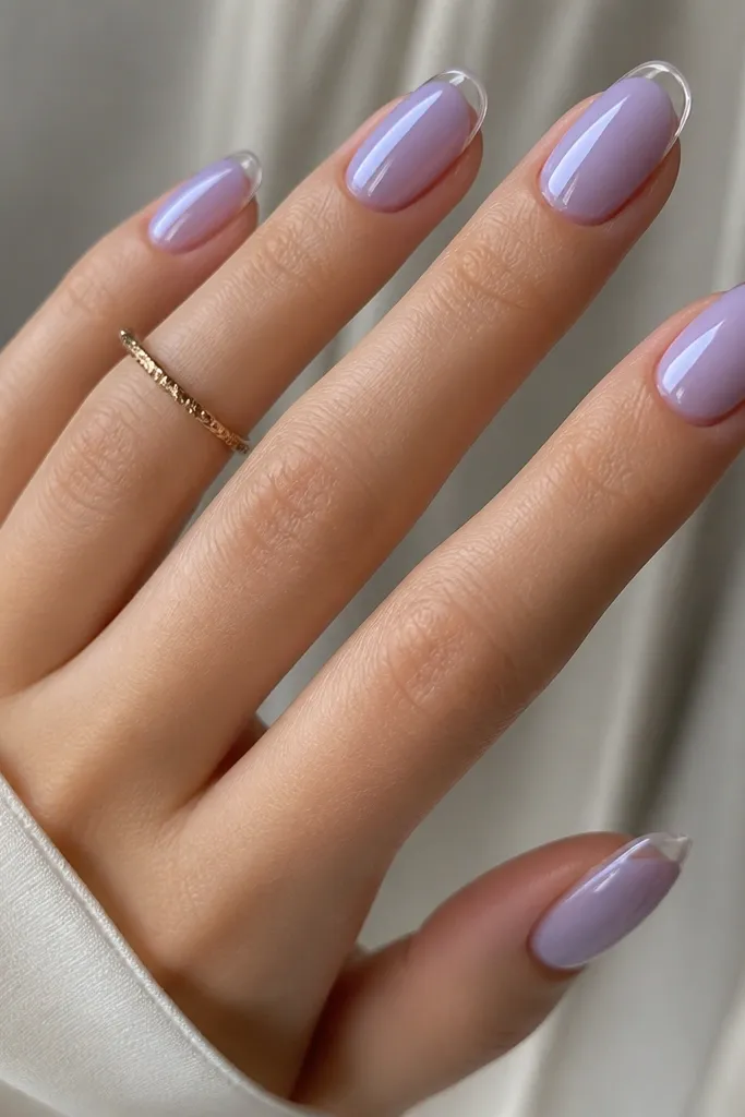 Soft lavender jelly nails with a thin clear French outline around the tip area. The tip looks outlined in a glossy clear layer, creating a crisp futuristic edge without harsh lines.
