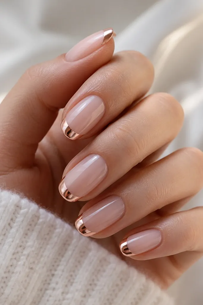 Barely-there blush nails with rose gold mirror chrome concentrated at the very tips, forming a reflective cap. The blush base is glossy and semi-sheer, and the rose gold looks metallic and smooth.