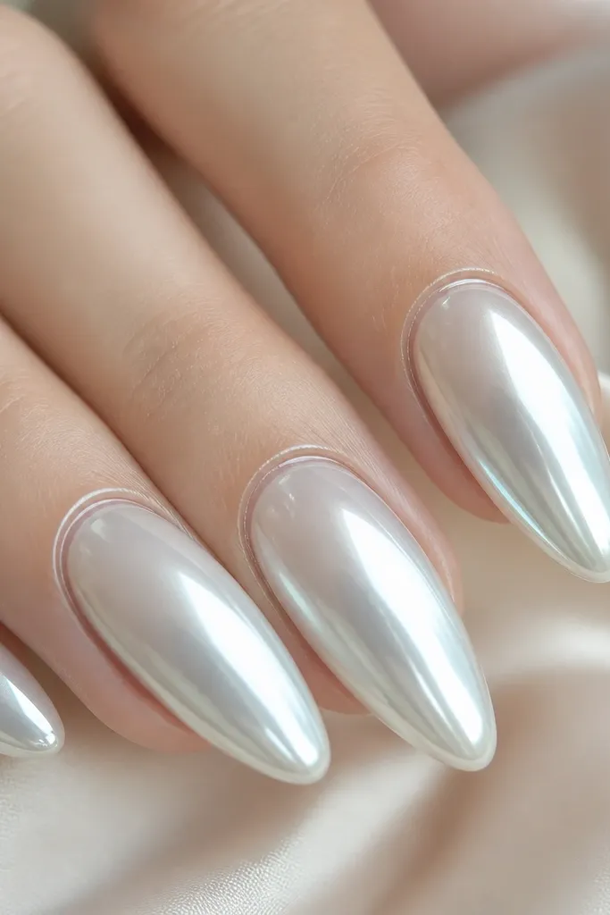 Close-up of almond nails in a soft milky white base with a mirror chrome coating. The cuticle area has a thin, clear, glass-like ring border, making the chrome start slightly off the skin. The reflection is sharp and clean, with a pale, pearly glow.