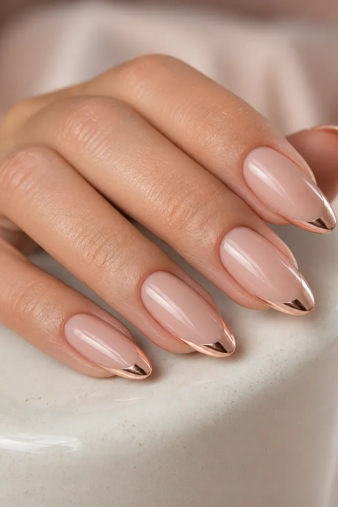 Nude pink nails with a thin chrome French tip in rose champagne. The French line is razor-thin and runs straight across the nail edge. The chrome has a warm pink-gold reflection with tiny highlights that catch light.