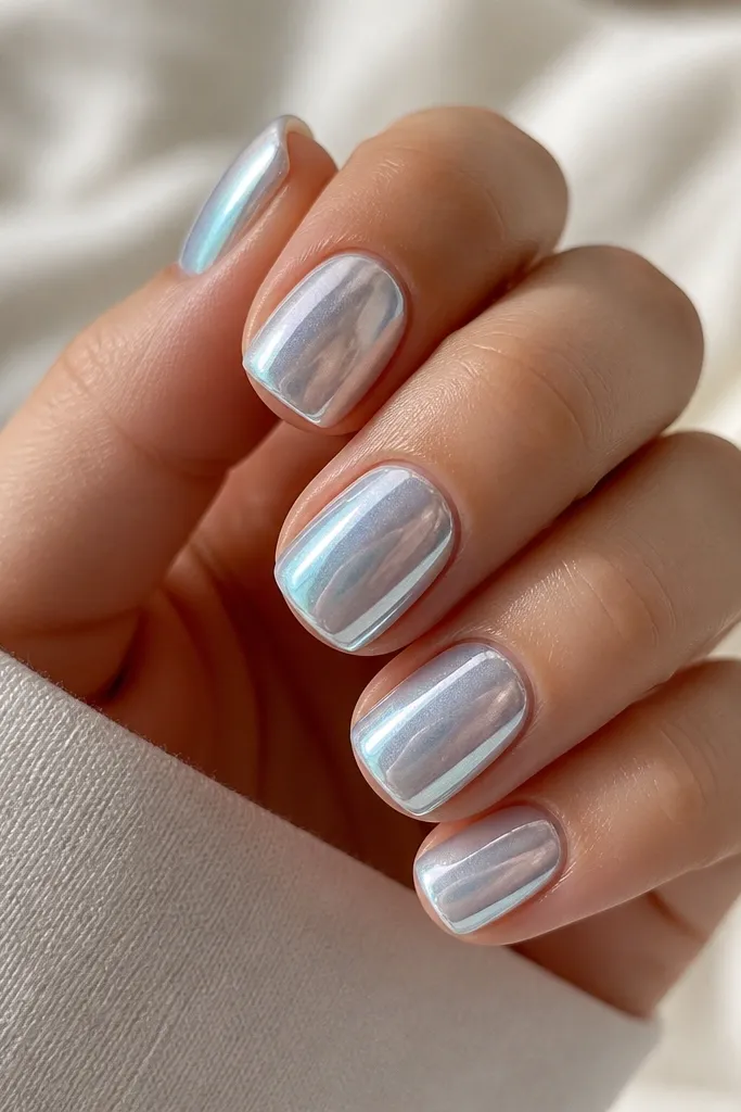 Short rounded square nails coated in icy silver pearl chrome. The finish shifts between white-silver and pale blue depending on the angle. Cuticles are clean and the edges are glossy with a smooth, even reflection.