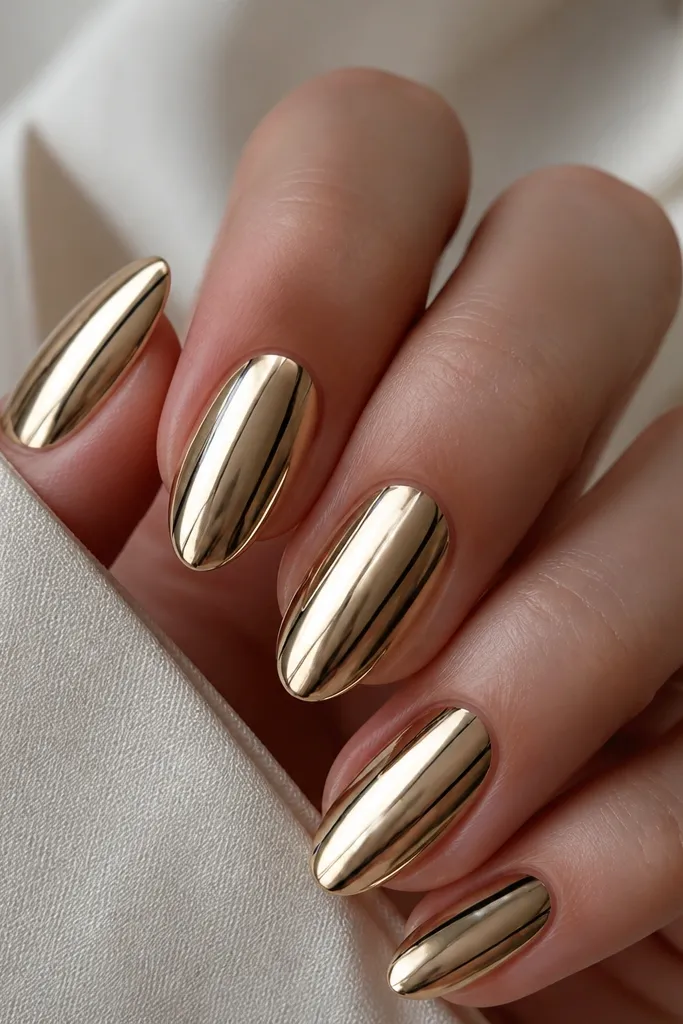 Medium almond nails painted in champagne gold mirror chrome. Two ultra-thin black stripes run vertically near each sidewall from just below the free edge toward the middle, leaving the center gold mirrored. The chrome reflection is bright and smooth.
