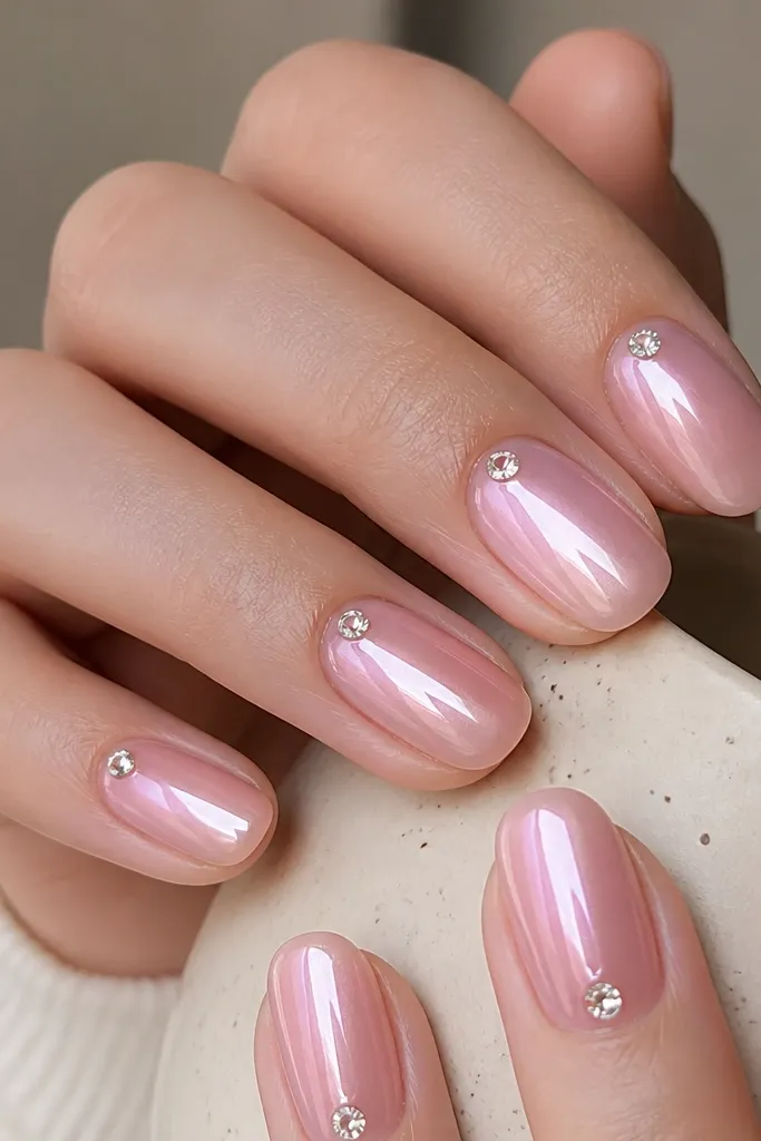 Blush pink nails coated in pearl chrome with a soft rosy glow. At the center of each cuticle, there is a single small 3D crystal stud, catching light like a tiny jewel. Everything is glossy and smooth with a clean cuticle line.
