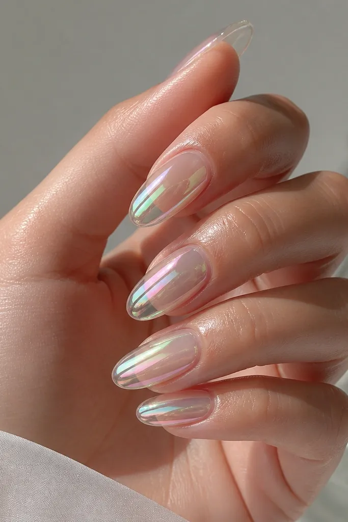 Clear jelly-style nails with an iridescent chrome layer that shifts green, pink, and silver. The surface looks wet and glassy, with subtle depth at the center. The nails look semi-translucent rather than fully opaque.