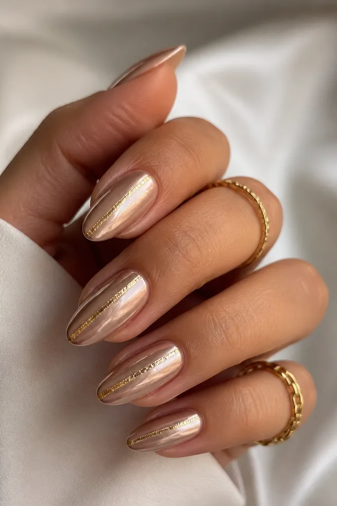 Metallic nude nails in warm beige chrome. A thin strip of gold foil sits vertically down the center of each nail, narrow and slightly textured like torn foil. The rest is smooth, mirror-like chrome with a soft warm glow.