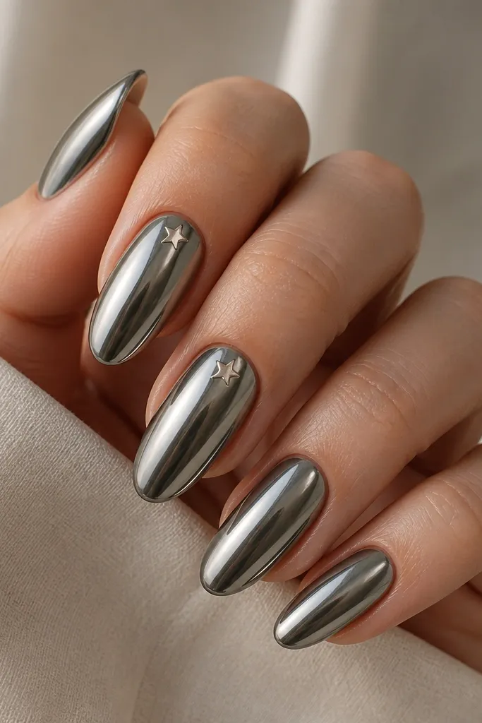 Pewter gray chrome nails with a smooth mirror finish. On two nails, there are tiny silver star decals placed near the cuticle, each star about the size of a pinhead. The remaining nails are plain pewter chrome.