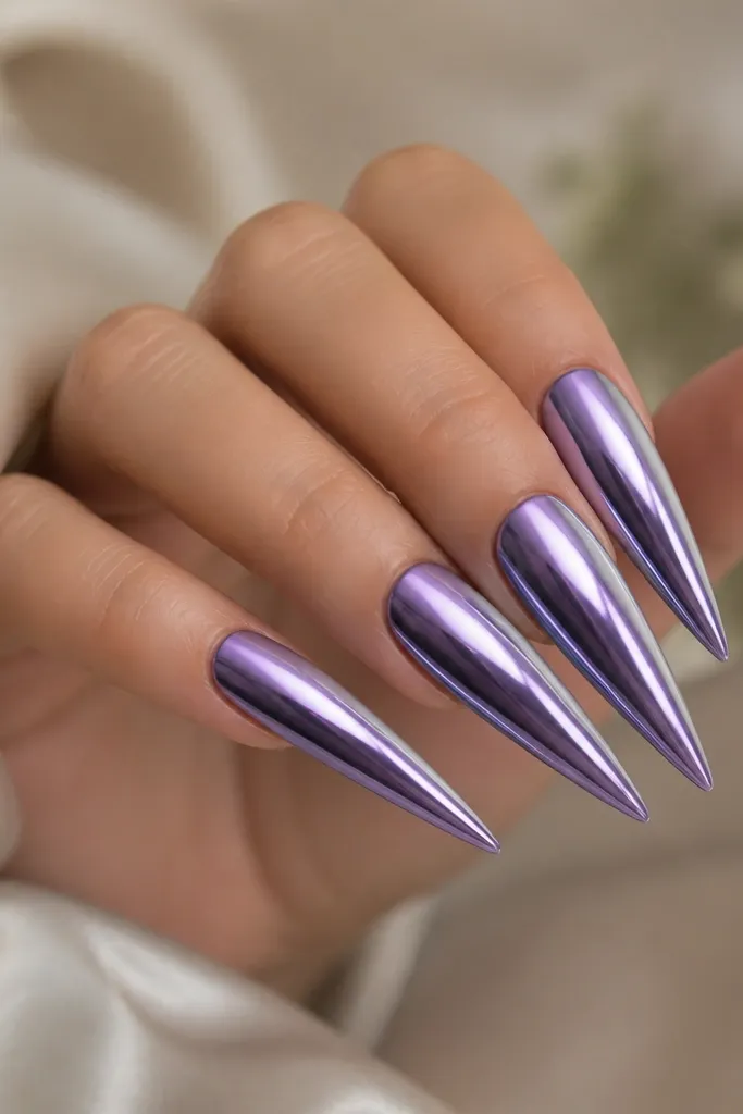 Long stiletto nails with violet reflective chrome that shifts purple to silver. On each nail, there are two very thin silver stripes running along the sidewalls, separated by a small gap. The center stays violet reflective and glossy.