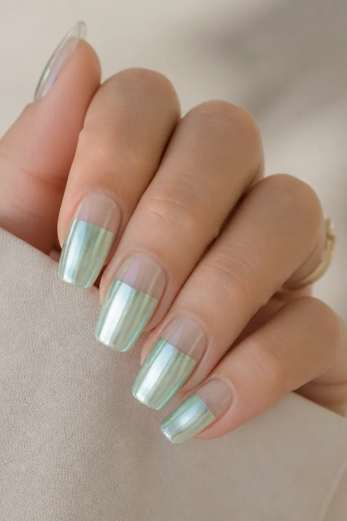 Nails painted seafoam chrome on the lower half, with clear jelly tips at the ends. The chrome stops in a straight horizontal line near mid-nail, and the top portion looks glassy and translucent. The seafoam shifts mint and pale green depending on angle.