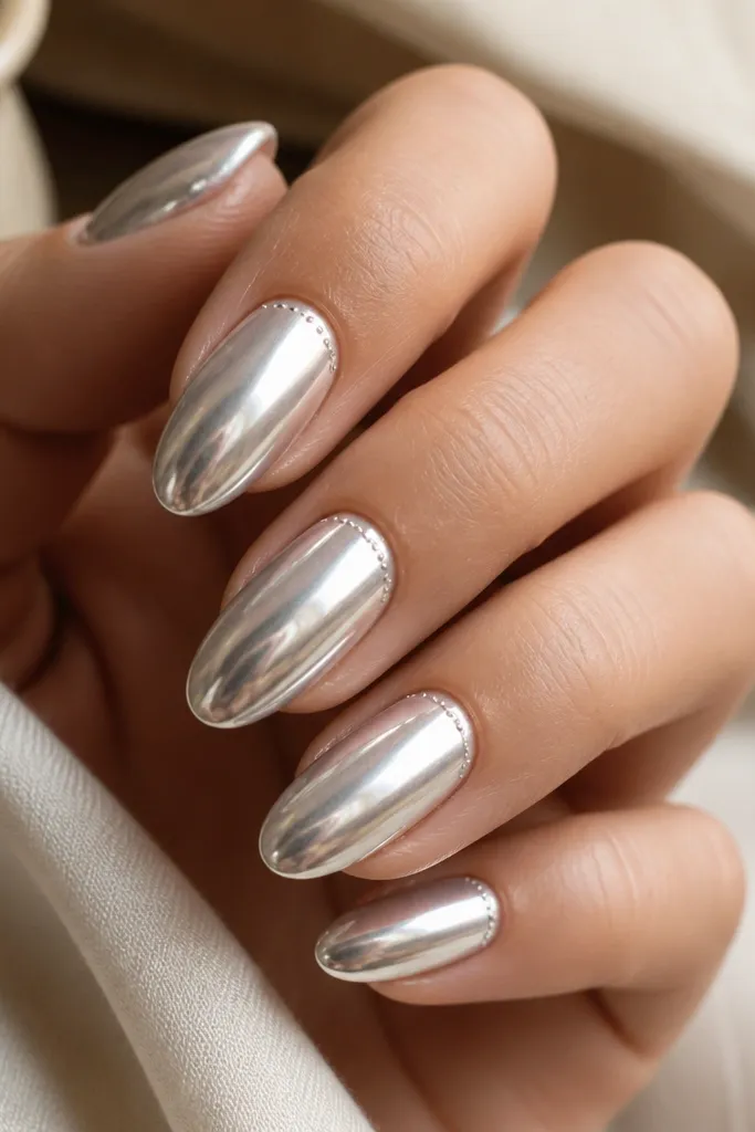 Pearl white chrome nails with a mirror-like finish. At the smile line on each nail, there are tiny fine silver line marks like a very small arc or dots. The rest is clean chrome with sharp reflection.